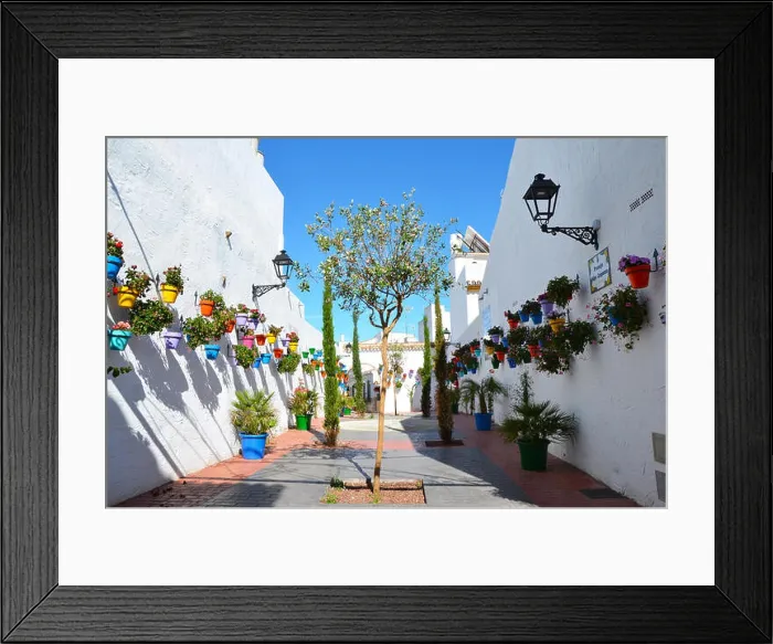 Framed Print : Colourful Pots in Pasaje Felipe Campuzano, Estepona, Spain Framed Print : Colourful Pots in Pasaje Felipe Campuzano, Estepona, Spain