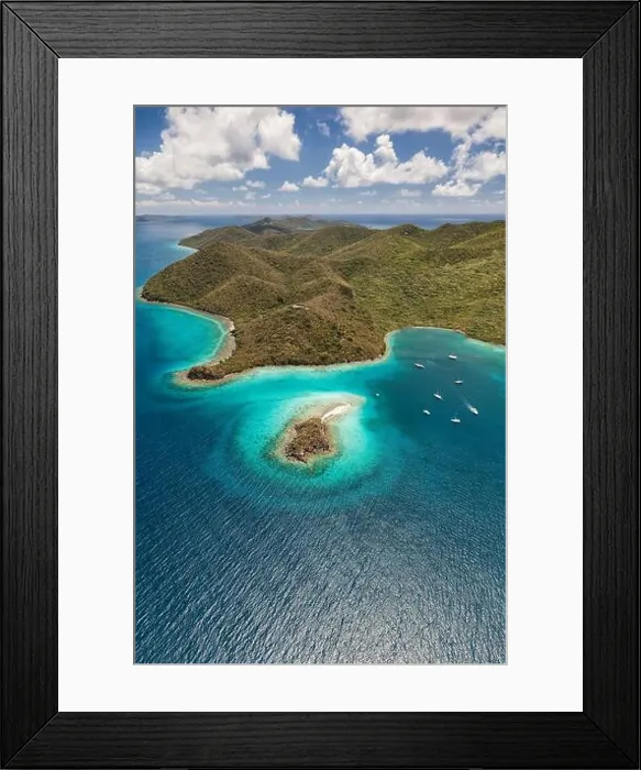 Framed Print : Aerial view of Waterlemon Cay with boats harboring in the bay on the island of St Framed Print : Aerial view of Waterlemon Cay with boats harboring in the bay on the island of St
