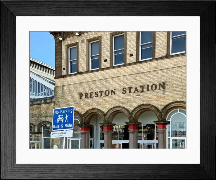 Framed Print : Entrance to Preston railway station with Kiss and Ride sign Framed Print : Entrance to Preston railway station with Kiss and Ride sign