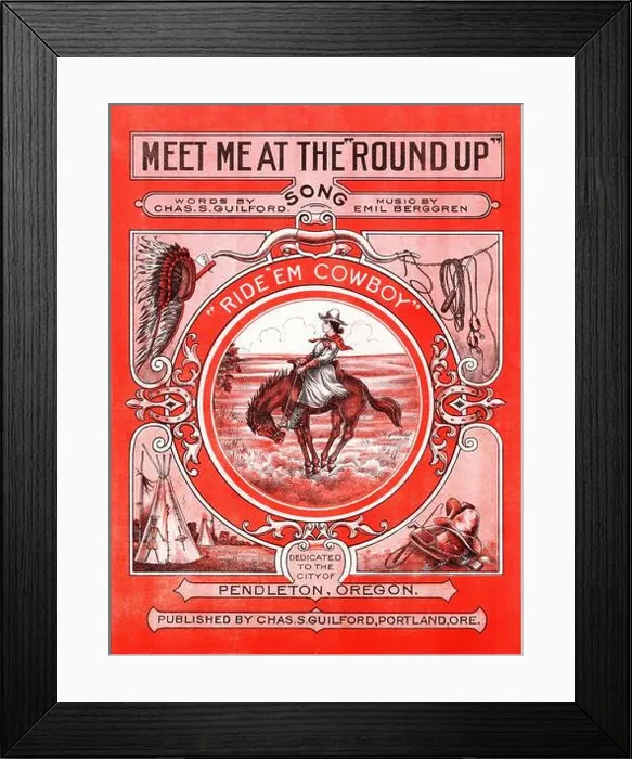 Framed Print : Meet Me at the Roundup, 1924 Oregon sheet music, female cowgirl & bronco rider, Native American symbols Framed Print : Meet Me at the Roundup, 1924 Oregon sheet music, female cowgirl & bronco rider, Native American symbols