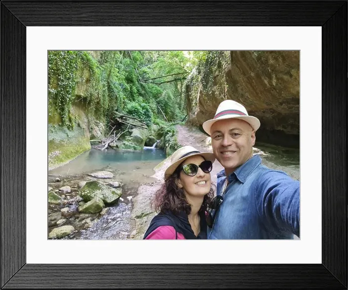Framed Print : Cute couple from Italy taking a selfie in Alento river springs in Serramonacesca, Abruzzo, Italy Framed Print : Cute couple from Italy taking a selfie in Alento river springs in Serramonacesca, Abruzzo, Italy