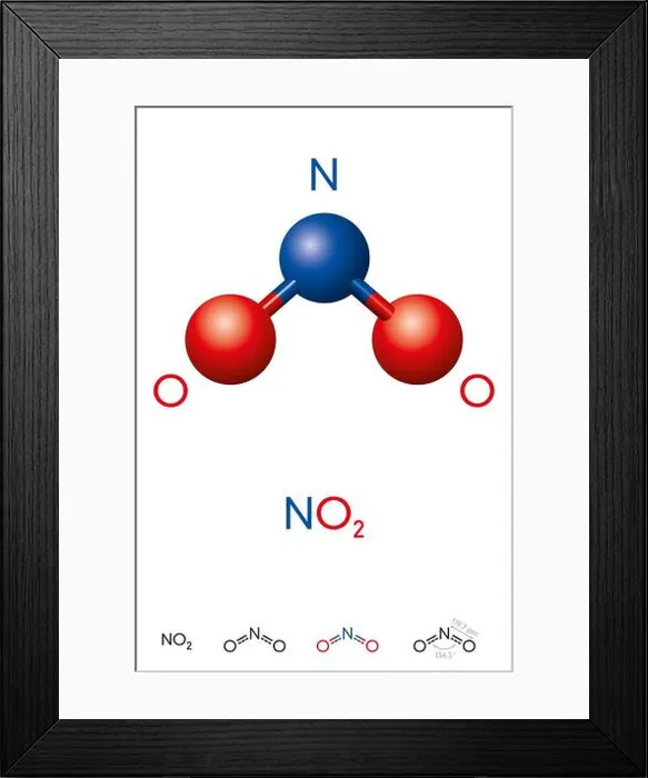 Framed Print : Nitrogen dioxide, NO2, molecule model and chemical formula Framed Print : Nitrogen dioxide, NO2, molecule model and chemical formula