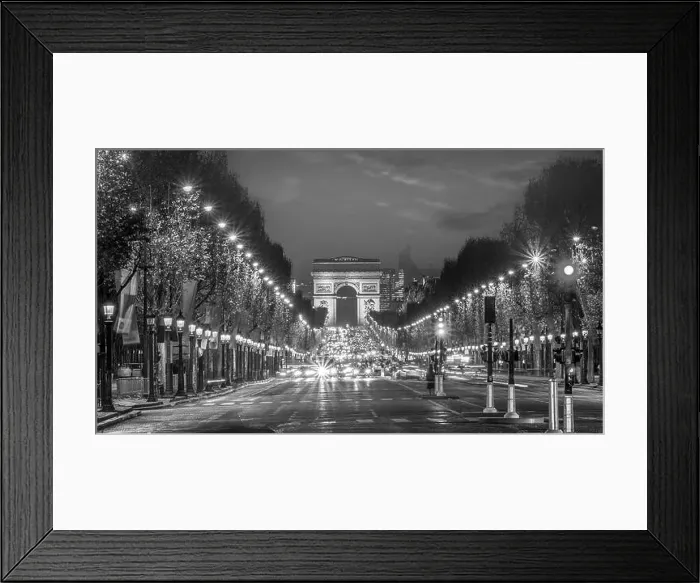 Framed Print : Road and traffic of Champs Elysee leading to Arc de Triomphe in Paris, France at night in black and white Framed Print : Road and traffic of Champs Elysee leading to Arc de Triomphe in Paris, France at night in black and white