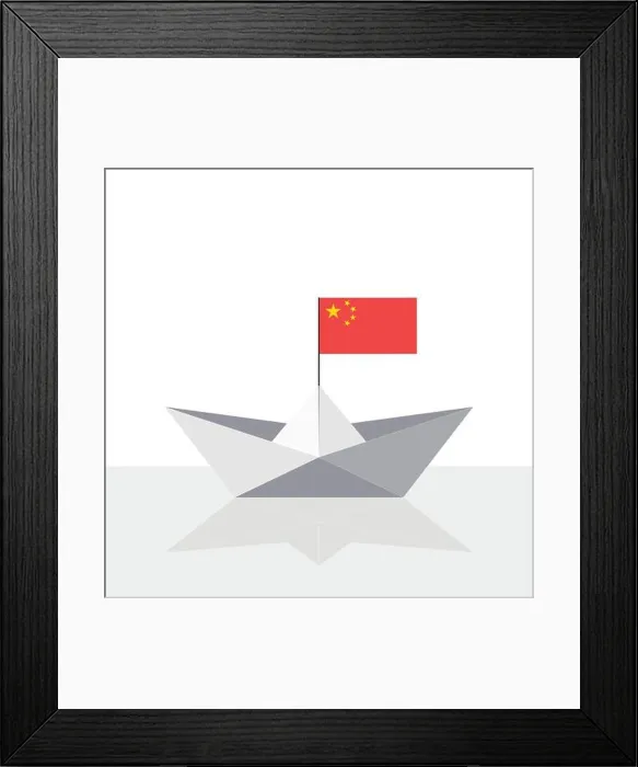 Framed Print : Origami paper ship with reflection and China flag. Vector flat illustration Framed Print : Origami paper ship with reflection and China flag. Vector flat illustration