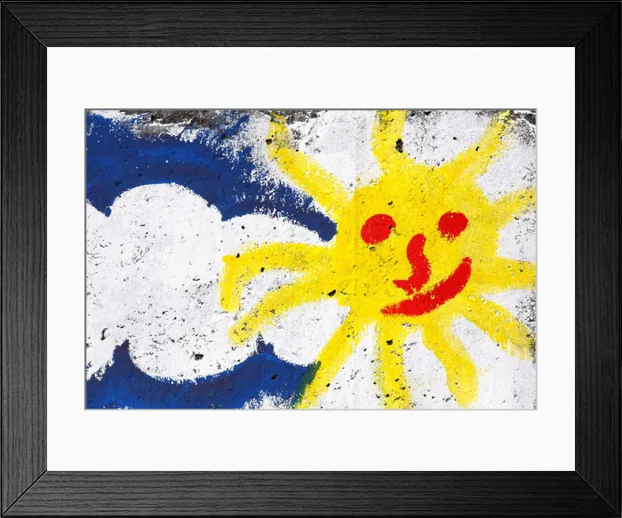 Framed Print : A child's drawing of a happy Sun face smiling Framed Print : A child's drawing of a happy Sun face smiling