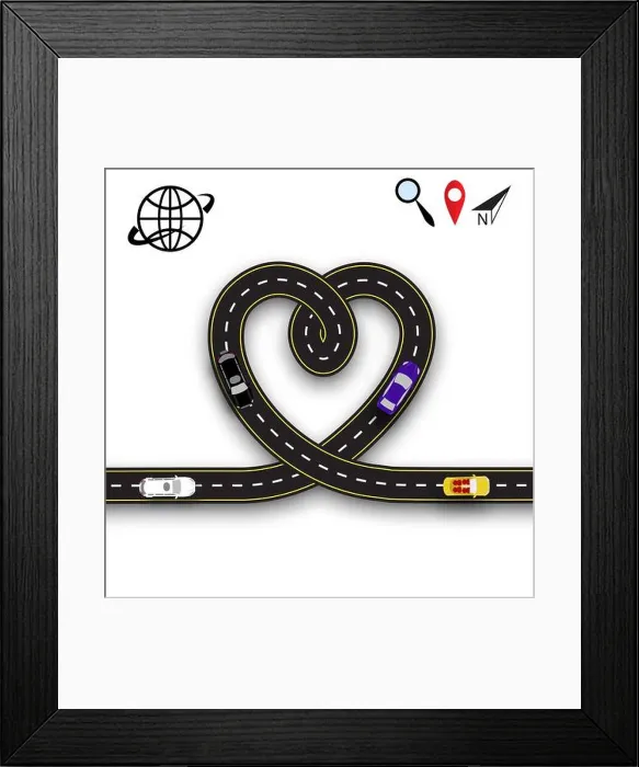 Framed Print : Cards for Valentines Day. Trips by car. Heart in the form of the road on a white background isolated. 3D. illustration Framed Print : Cards for Valentines Day. Trips by car. Heart in the form of the road on a white background isolated. 3D. illustration