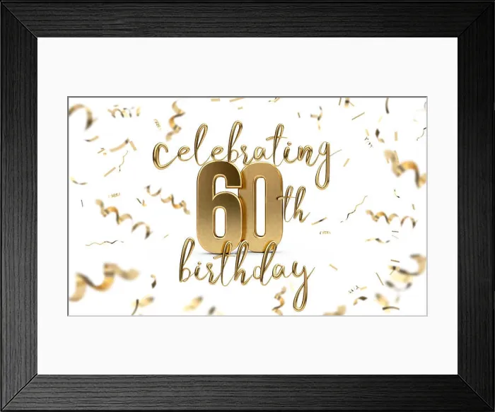 Framed Print : Celebrating 60th birthday gold greeting card with confetti. 3D Rendering Framed Print : Celebrating 60th birthday gold greeting card with confetti. 3D Rendering