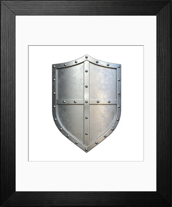 Framed Print : Steel medieval shield, metallic shield, isolated on white background, 3d rendering Framed Print : Steel medieval shield, metallic shield, isolated on white background, 3d rendering