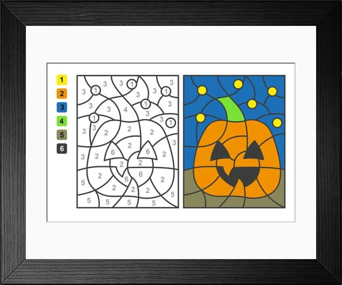 Framed Print : Vector coloring page Color by numbers halloween pumpkin. Puzzle game for children education and activities Framed Print : Vector coloring page Color by numbers halloween pumpkin. Puzzle game for children education and activities