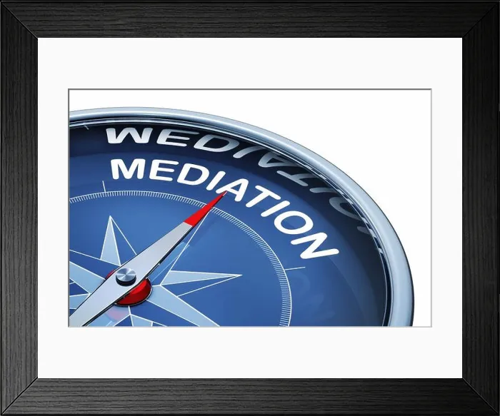 Framed Print : 3D rendering of an compass with the word mediation Framed Print : 3D rendering of an compass with the word mediation