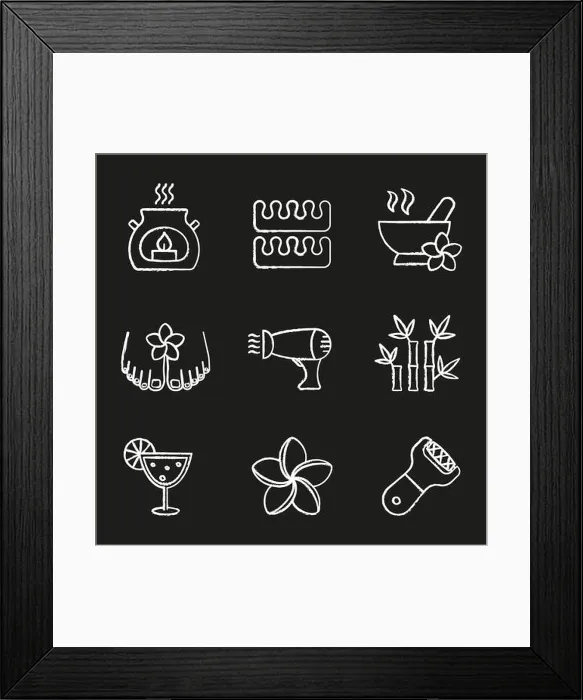 Framed Print : Spa salon chalk icons set. Aromatherapy candle Framed Print : Spa salon chalk icons set. Aromatherapy candle