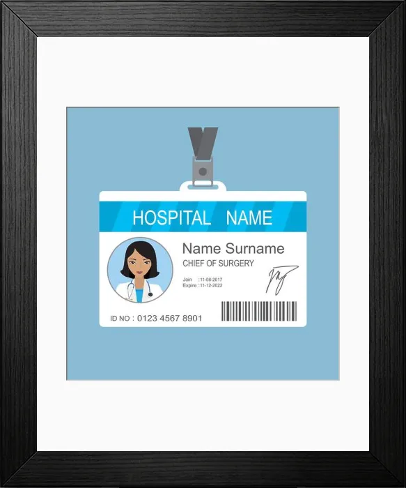 Framed Print : Female asian Doctor id card template, Medical identity badge with barcode, flat vector illustration Framed Print : Female asian Doctor id card template, Medical identity badge with barcode, flat vector illustration