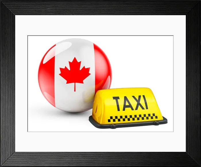 Framed Print : Taxi service in Canada concept. Yellow taxi car signboard with Canadian flag, 3D rendering isolated on white background Framed Print : Taxi service in Canada concept. Yellow taxi car signboard with Canadian flag, 3D rendering isolated on white background