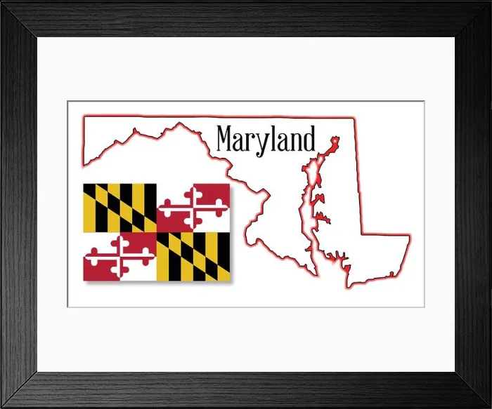 Framed Print : Maryland State Map and Flag Framed Print : Maryland State Map and Flag