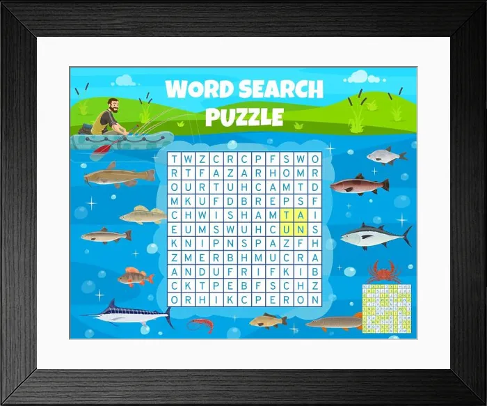 Framed Print : Fishing sport word search puzzle game vector worksheet and kids quiz grid Framed Print : Fishing sport word search puzzle game vector worksheet and kids quiz grid