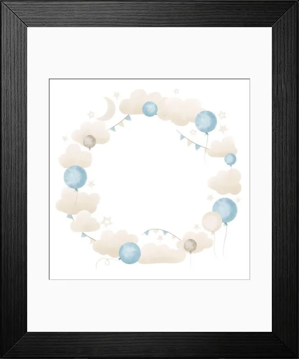 Framed Print : Baby round Frame with Clouds and Balloons in pastel blue and beige colors Framed Print : Baby round Frame with Clouds and Balloons in pastel blue and beige colors