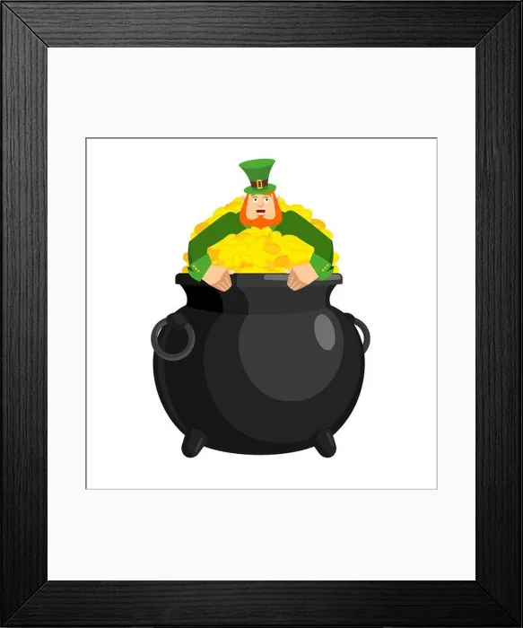 Framed Print : Leprechaun in pot gold. Dwarf with red beard and bowler golded coins Framed Print : Leprechaun in pot gold. Dwarf with red beard and bowler golded coins