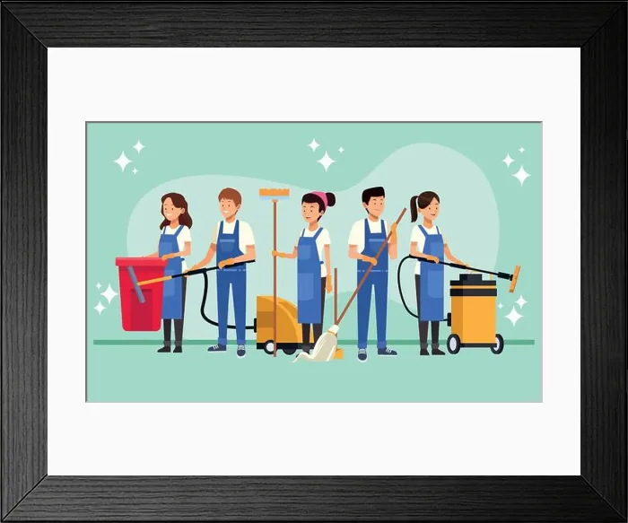 Framed Print : housekeeping team female workers with equipment tools vector illustration design Framed Print : housekeeping team female workers with equipment tools vector illustration design