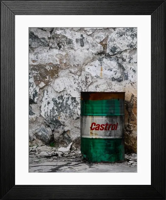 Framed Print : Green and white oil barrel with red Castrol logo on white background Framed Print : Green and white oil barrel with red Castrol logo on white background