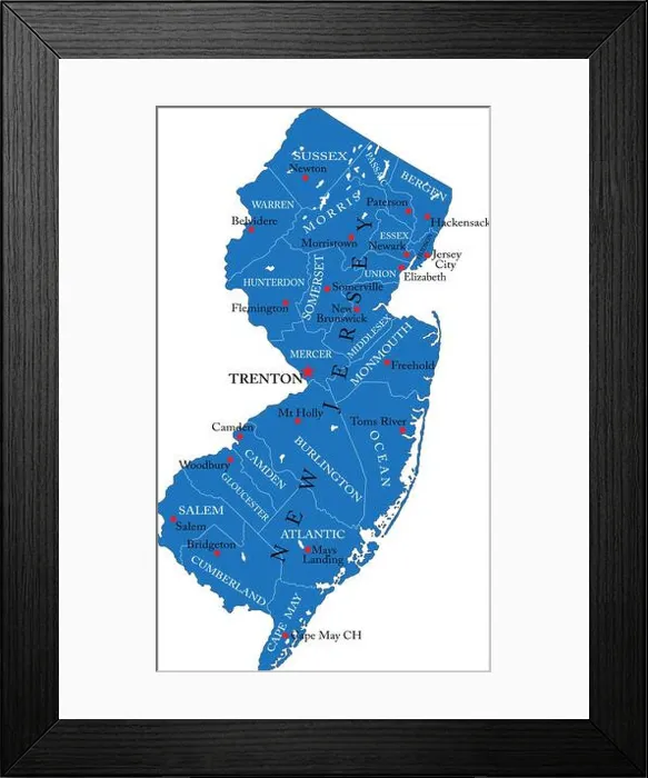 Framed Print : Detailed map of New Jersey state, in vector format, with county borders and major cities Framed Print : Detailed map of New Jersey state, in vector format, with county borders and major cities