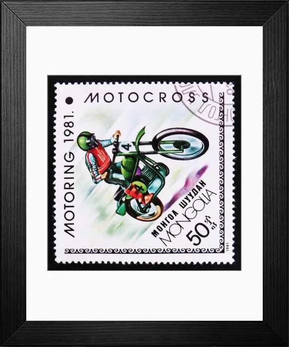Framed Print : MOSCOW, RUSSIA - APRIL 2, 2017: A post stamp printed in Mongolia shows Motocross, Motoring serie, circa 1981 Framed Print : MOSCOW, RUSSIA - APRIL 2, 2017: A post stamp printed in Mongolia shows Motocross, Motoring serie, circa 1981