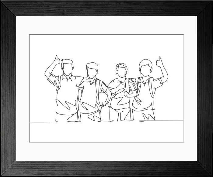 Framed Print : One line drawing group of young happy boys and girls from elementary school student carrying bags Framed Print : One line drawing group of young happy boys and girls from elementary school student carrying bags