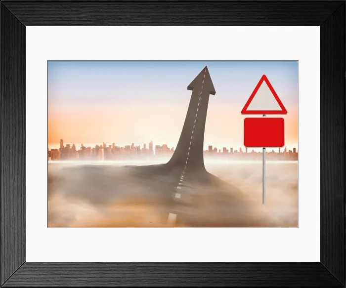 Framed Print : Surreal flat design arrow-shaped road is rising from misty sand with blank red signs, skyline Framed Print : Surreal flat design arrow-shaped road is rising from misty sand with blank red signs, skyline