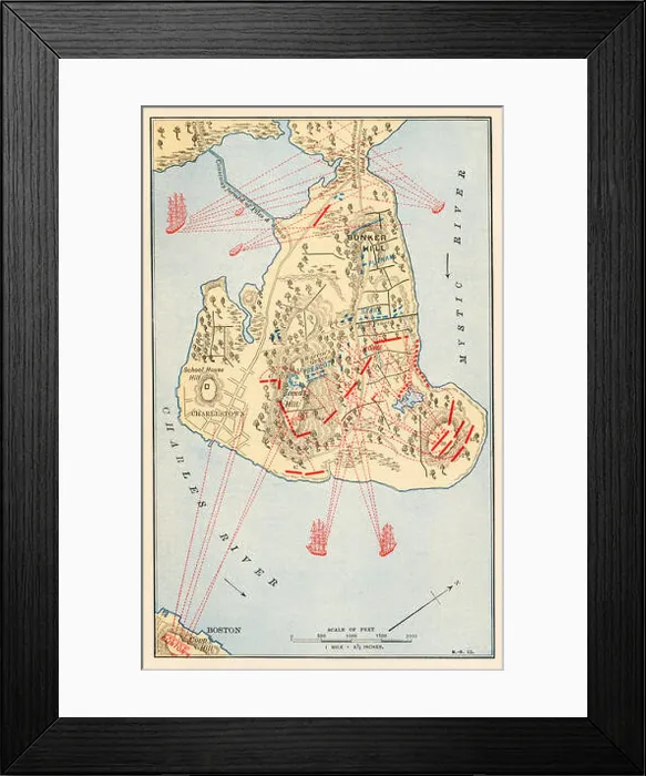 Framed Print : Bunker Hill battlefield map, 1775, American Revolution. Color lithograph Framed Print : Bunker Hill battlefield map, 1775, American Revolution. Color lithograph