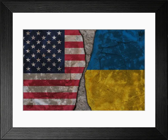 Framed Print : Symbolic split between USA and Ukraine flags on cracked stone wall texture Framed Print : Symbolic split between USA and Ukraine flags on cracked stone wall texture
