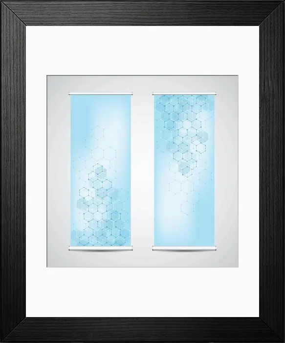 Framed Print : Roll up banner stands with abstract geometric background of hexagons pattern Framed Print : Roll up banner stands with abstract geometric background of hexagons pattern
