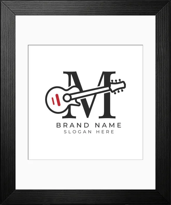 Framed Print : Initial Letter M Guitar icon with Line Art Style for Chord. Alphabet M with Musical instrument logo design Framed Print : Initial Letter M Guitar icon with Line Art Style for Chord. Alphabet M with Musical instrument logo design