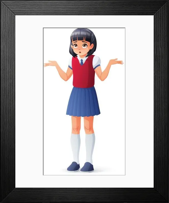 Framed Print : Surprised Asian school student girl shrugging shoulders. Isolated vector illustration Framed Print : Surprised Asian school student girl shrugging shoulders. Isolated vector illustration