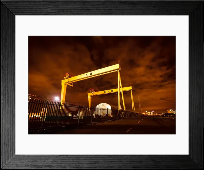 Framed Print : A night time photograph of the huge Harland and Wolff cranes in the Belfast shipyard where Titanic ship was built Framed Print : A night time photograph of the huge Harland and Wolff cranes in the Belfast shipyard where Titanic ship was built