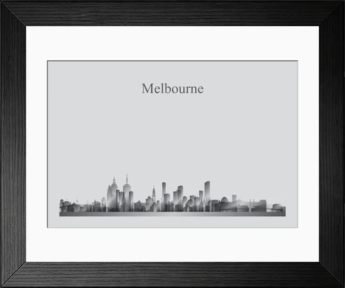 Framed Print : Melbourne city skyline silhouette in a grayscale vector illustration Framed Print : Melbourne city skyline silhouette in a grayscale vector illustration