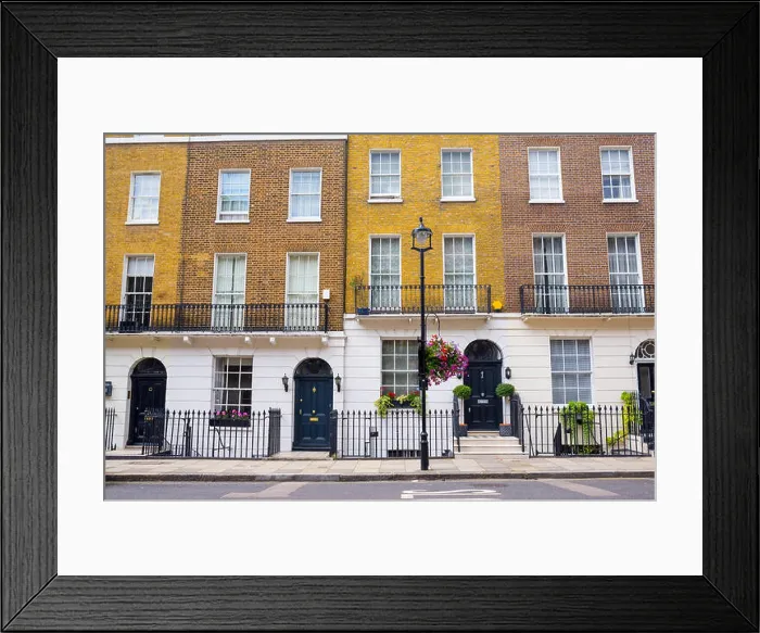 Framed Print : Facade of Georgian residential town houses made in yellow and red brick in a luxury residential area of West London Framed Print : Facade of Georgian residential town houses made in yellow and red brick in a luxury residential area of West London