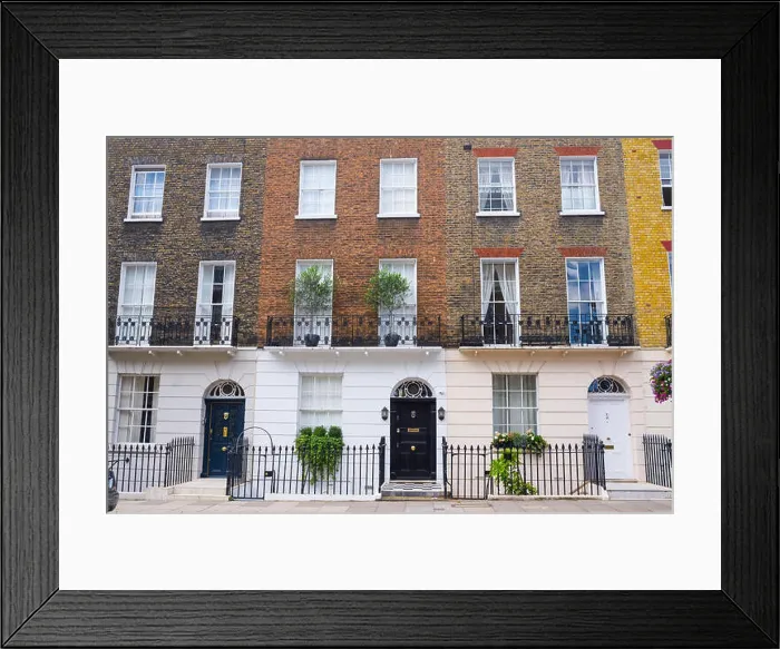 Framed Print : Facade of Georgian residential town houses made in yellow and red brick in a luxury residential area of West London Framed Print : Facade of Georgian residential town houses made in yellow and red brick in a luxury residential area of West London