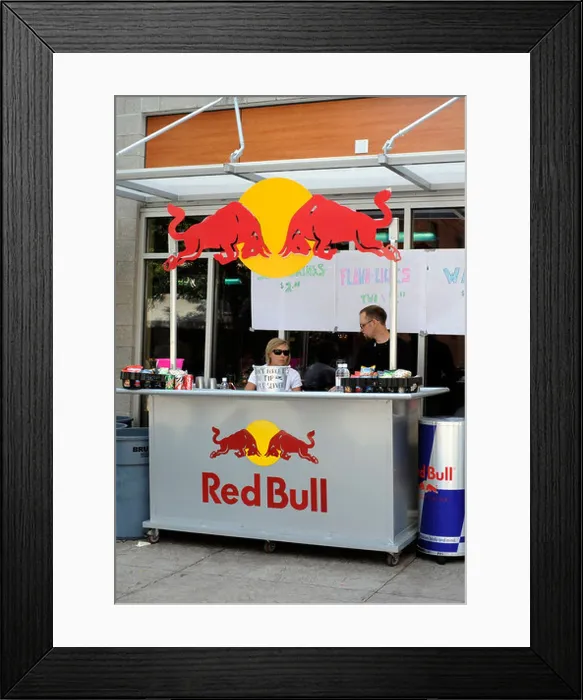 Framed Print : Red Bull energy drink festival vendor display stand Framed Print : Red Bull energy drink festival vendor display stand
