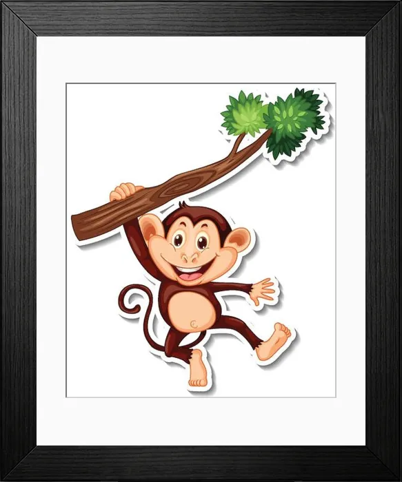 Framed Print : Monkey hanging on tree branch cartoon character sticker illustration Framed Print : Monkey hanging on tree branch cartoon character sticker illustration