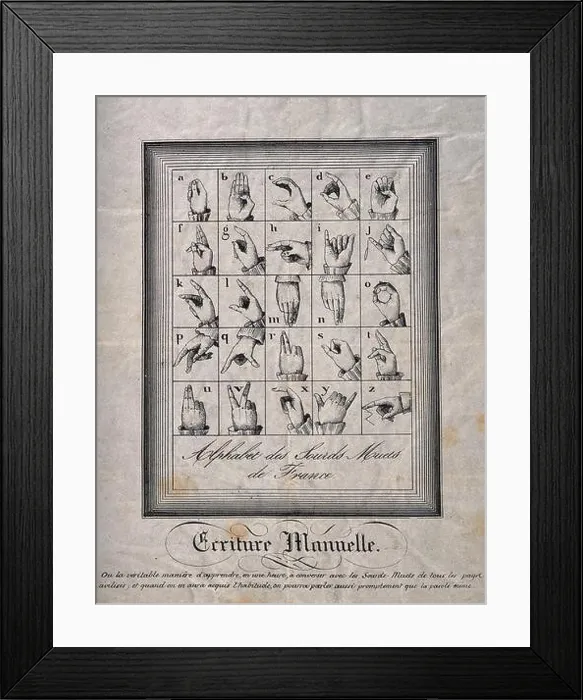 Framed Print : Hands showing the French sign language alphabet. Wood engraving