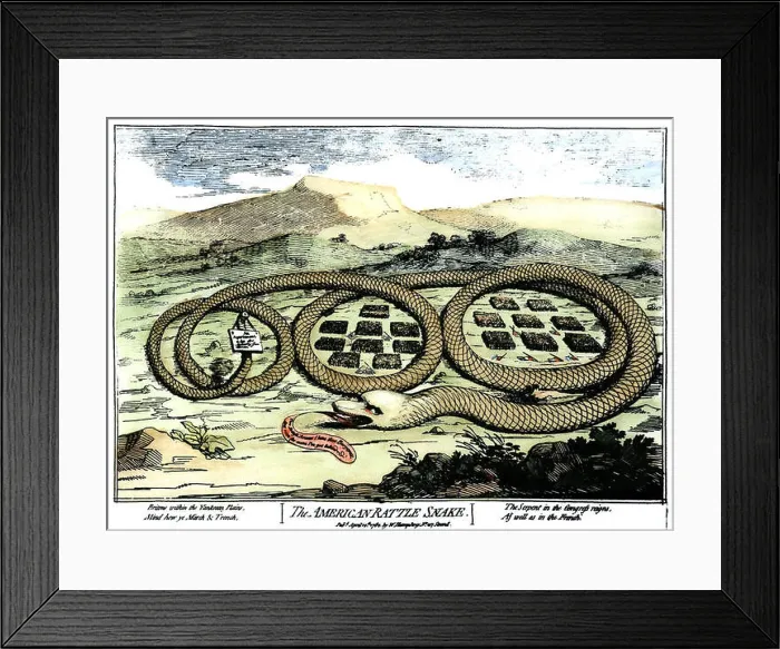 Framed Print : THE AMERICAN RATTLESNAKE.  / nA cartoon etching by James Gillray