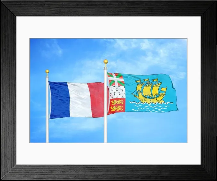 Framed Print : France and Saint Pierre and Miquelon two flags on flagpoles and blue cloudy sky Framed Print : France and Saint Pierre and Miquelon two flags on flagpoles and blue cloudy sky