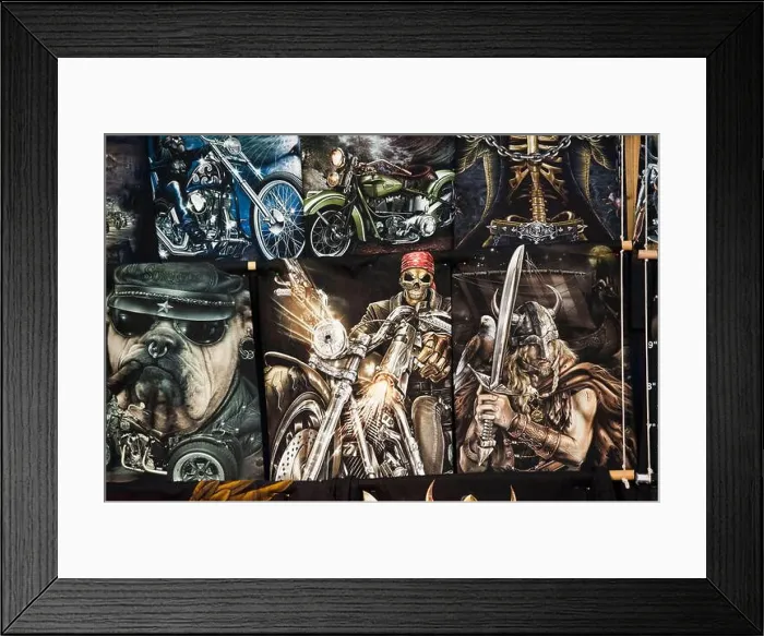 Framed Print : Stand with T-shirts with airbrush fantasy motifs at the 24th IMOT ('International Motorcycle Exhibition')