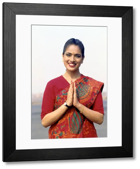 Framed Print : Indian woman namaste namaskar welcome greetings hello