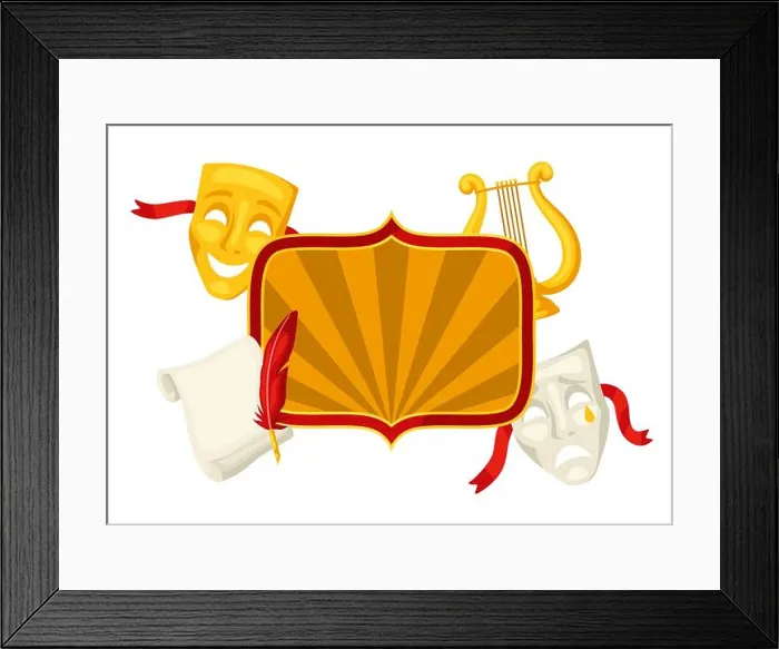 Framed Print : Background with traditional theatre symbols. Illustration for art theatrical performance Framed Print : Background with traditional theatre symbols. Illustration for art theatrical performance