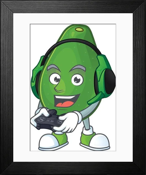 Framed Print : Gaming avocado fruit character on white background Framed Print : Gaming avocado fruit character on white background