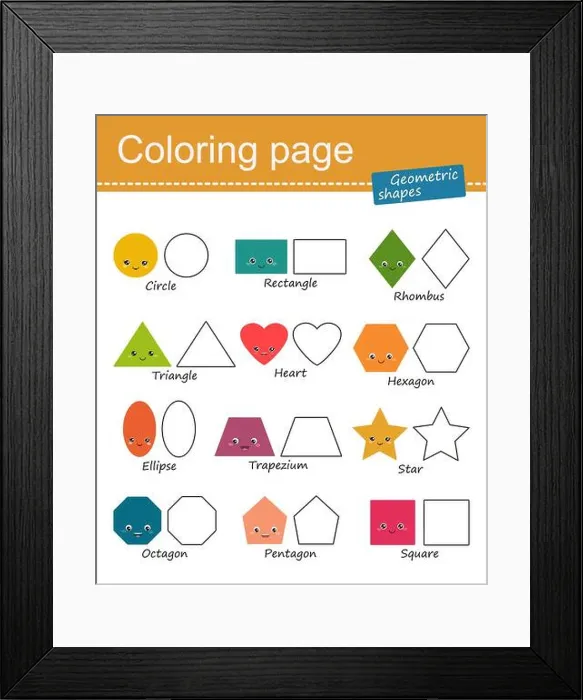 Framed Print : Coloring book of geometric shapes for children. Cartoon flat style. Vector illustration Framed Print : Coloring book of geometric shapes for children. Cartoon flat style. Vector illustration