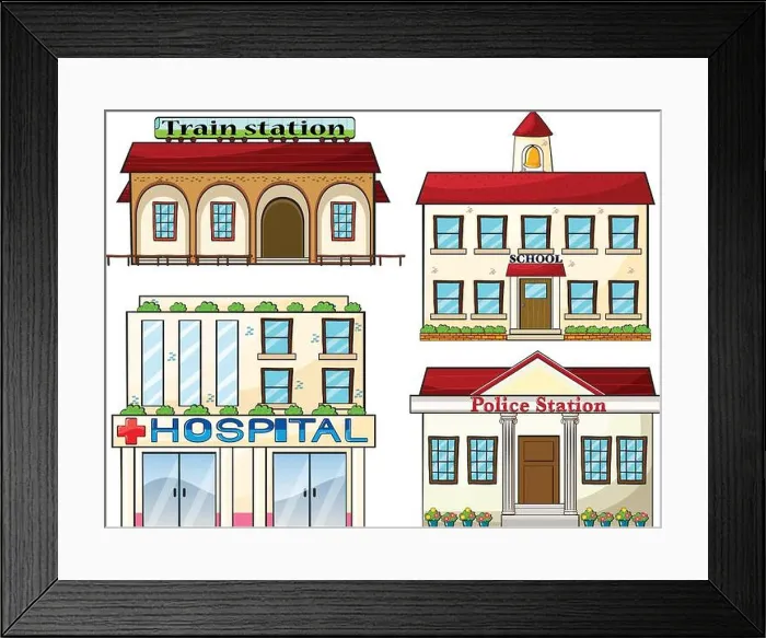 Framed Print : Illustration of a train station, a school, a police station and a hospital on a white background Framed Print : Illustration of a train station, a school, a police station and a hospital on a white background