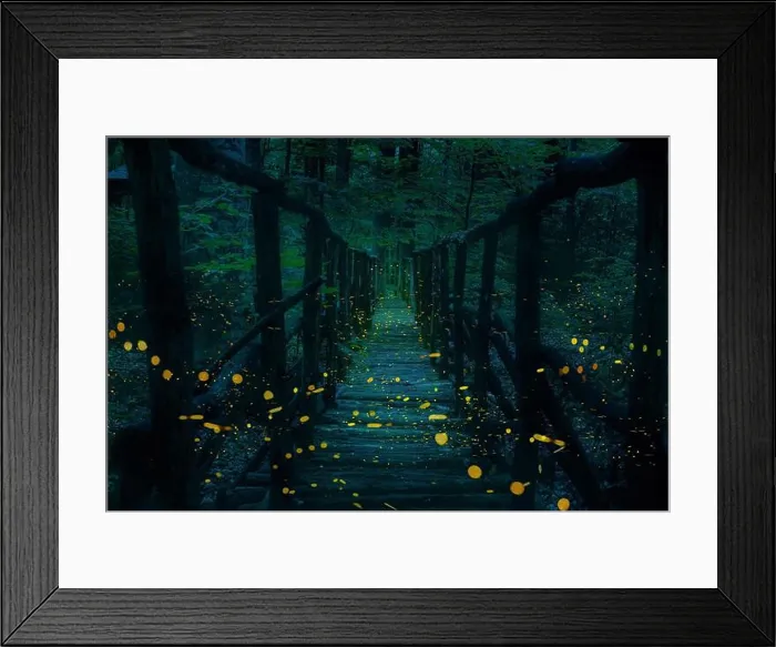 Framed Print : Fireflies flying over a wooden bridge in the forest at twilight Framed Print : Fireflies flying over a wooden bridge in the forest at twilight