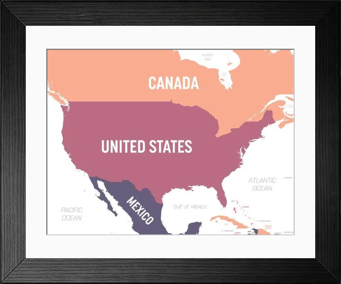 Framed Print : USA map. High detailed political map United States of America and neighboring countries with country Framed Print : USA map. High detailed political map United States of America and neighboring countries with country