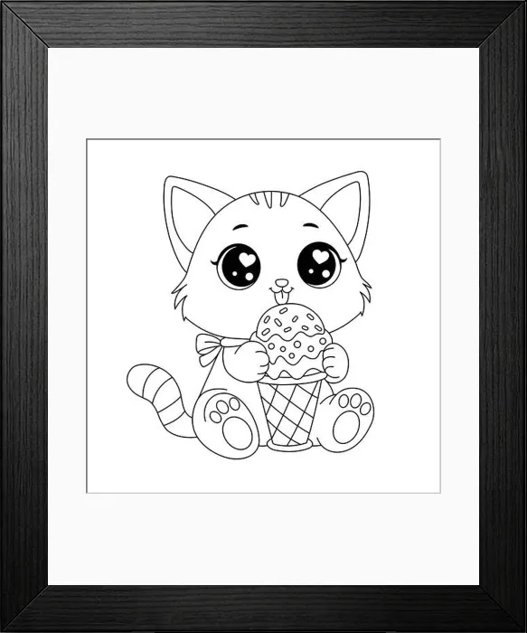 Framed Print : Cute Cat Eating Ice Cream. Kitty Coloring Page. Rainbow Kitten Loves Ice-Cream Cartoon Vector Illustration Framed Print : Cute Cat Eating Ice Cream. Kitty Coloring Page. Rainbow Kitten Loves Ice-Cream Cartoon Vector Illustration